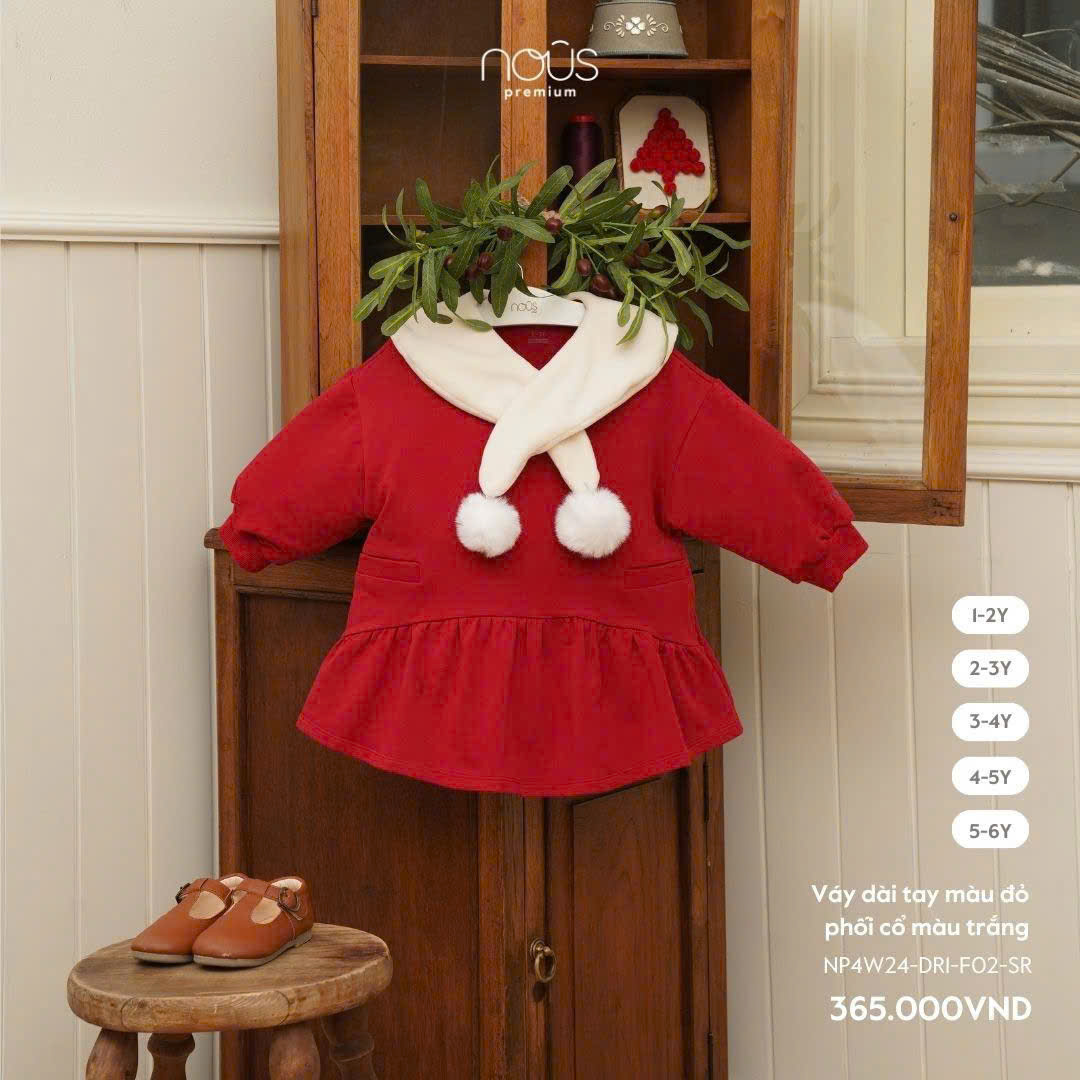 Váy Baby dài tay màu đỏ phối cổ trắng