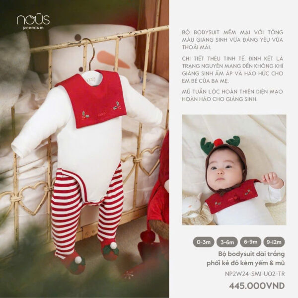 Bộ Bodysuit Giáng Sinh dài, trắng phối kẻ đỏ, kèm yếm mũ