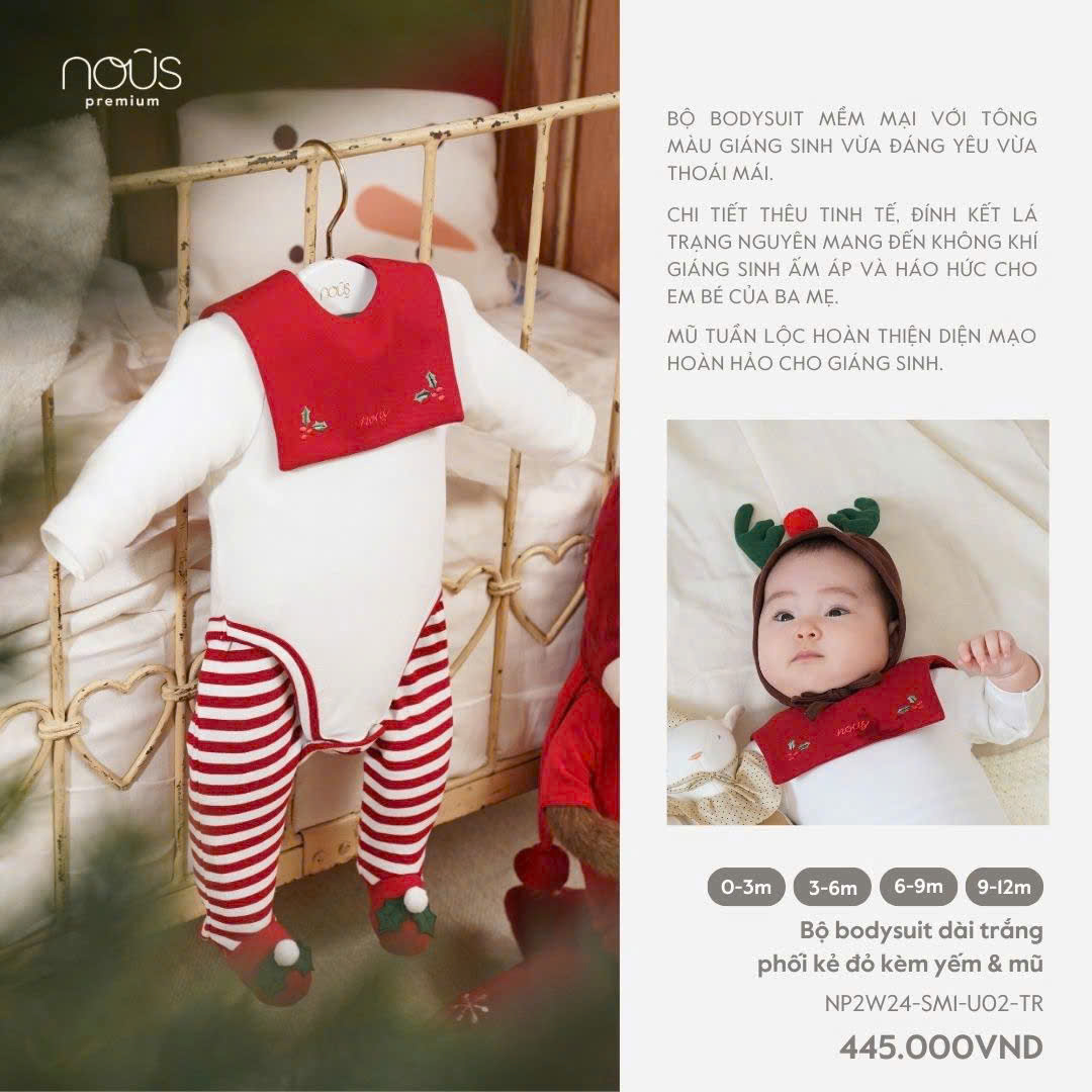 Bộ Bodysuit Giáng Sinh dài, trắng phối kẻ đỏ, kèm yếm mũ